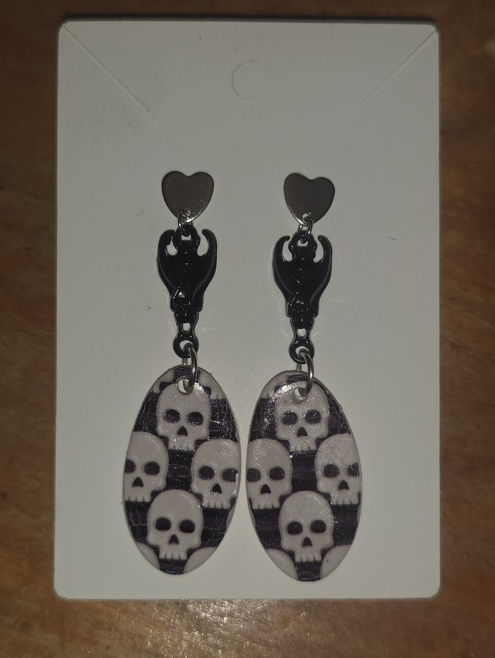 Heart Studs Dangling Bats Connected To Skeleton Pattern Polymer Clay
